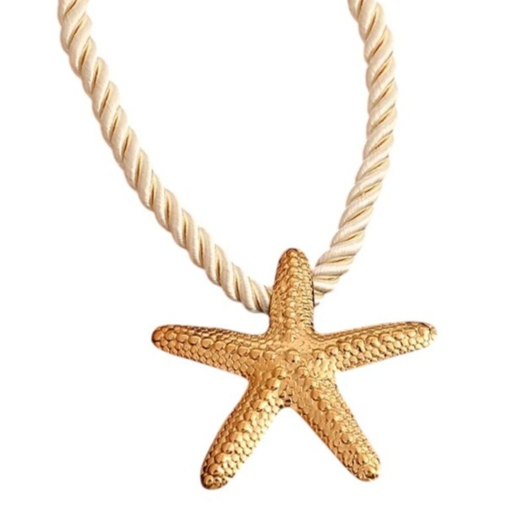 18K Gold Plated Starfish Pendant Necklace Off White Silk Cord Beach Vacay